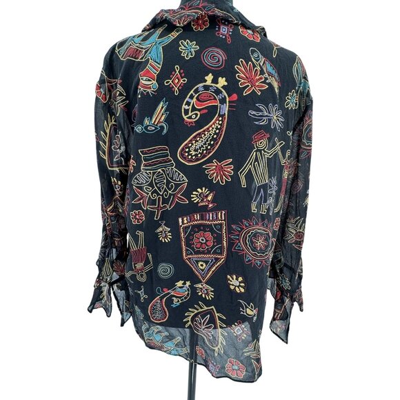 Chicos Silk Artsy Top Womens Size L Novelty Abstract Boho Ruffled Art Button Vtg - Picture 6 of 6